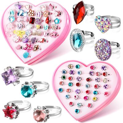 Jerify 2 Boxes Valentine Kids Rings for Girls, Adjustable Little Girl Dress up Rings Play Jewelry Princess Jewel in Box for 4-12 Year Old Kids Toys Party Favors Birthday Gifts Assorted(Heart Style)
