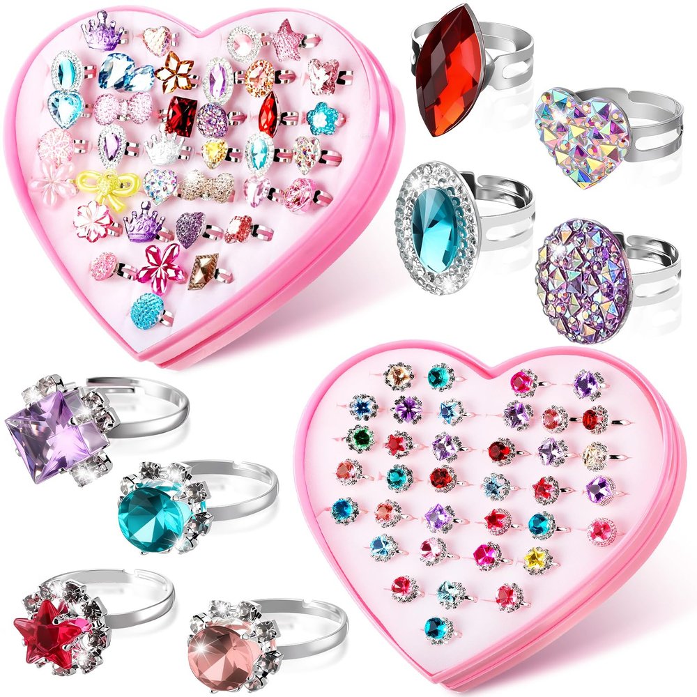 Jerify 2 Boxes Valentine Kids Rings for Girls, Adjustable Little Girl Dress up Rings Play Jewelry Princess Jewel in Box for 4-12 Year Old Kids Toys Party Favors Birthday Gifts Assorted(Heart Style)