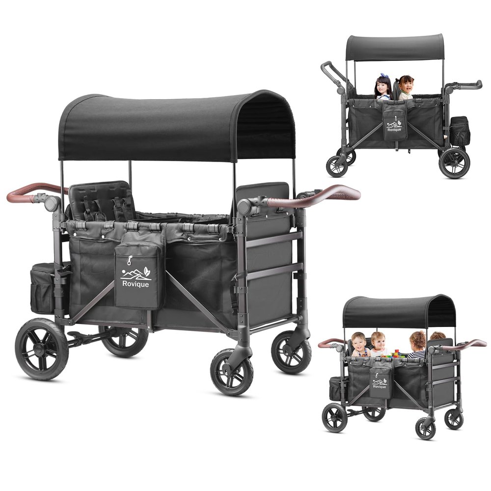 Rovique Wagon Stroller 4 Seater  Includes Adjustable Canopy,Convertible Seats, Snack Tray, Parent Organizer, 5-Point Harness, Push/Pull Adjustable Handle