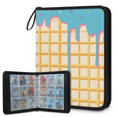 Kuquteed Waffle Cookies Trading Card Binder 4 Pocket 400 Cards Holder Collector Album with 50 Removable Sleeves Gifts for Boys Girls Blue Ice Cream Sports Game Cards