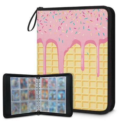 Kuquteed Pink Ice Cream Trading Card Binder 4 Pocket 400 Cards Holder Collector Album with 50 Removable Sleeves Gifts for Boys Girls Waffles Biscuit Sports Game Cards