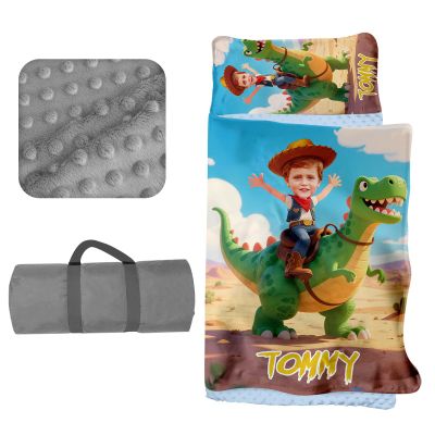 Evulum Custom Toddler Nap Mat for Daycare, Boys Travel Sleeping Bag Kids Nap Mats with Pillow Blanket for Preschool Kindergarten, Personalized Name&Face, Easy Carry Nap Sack Green Dinosaur