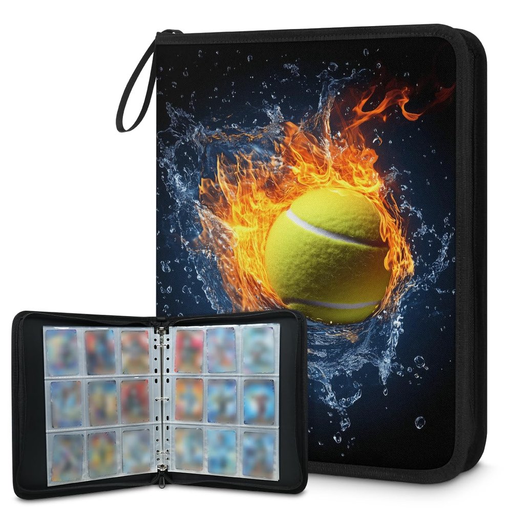 Kuquteed Flame Tennis Trading Card Binder 4 Pocket 400 Cards Holder Collector Album with 50 Removable Sleeves Gifts for Boys Girls Water Fire Ball Game Sports Cards