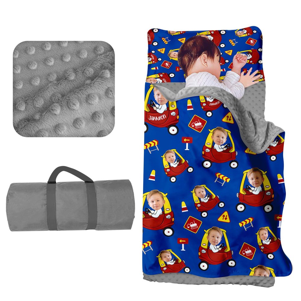 Evulum Custom Toddler Nap Mat for Daycare, Boys Travel Sleeping Bag Kids Nap Mats with Pillow Blanket for Preschool Kindergarten, Personalized Name&Face, Easy Carry Nap Sack Driver Blue