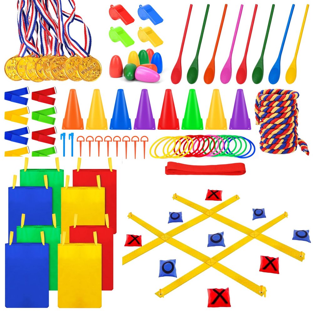 91Pcs Carnival Outdoor Games Potato Sack Race Bags for Adult and Kids Tug of War Rope Egg Spoon Bean Bags Ring Toss 3 Legged Relay Race Giant Tic Tac Toe Game Outdoor for Field Day Game Birthday Party