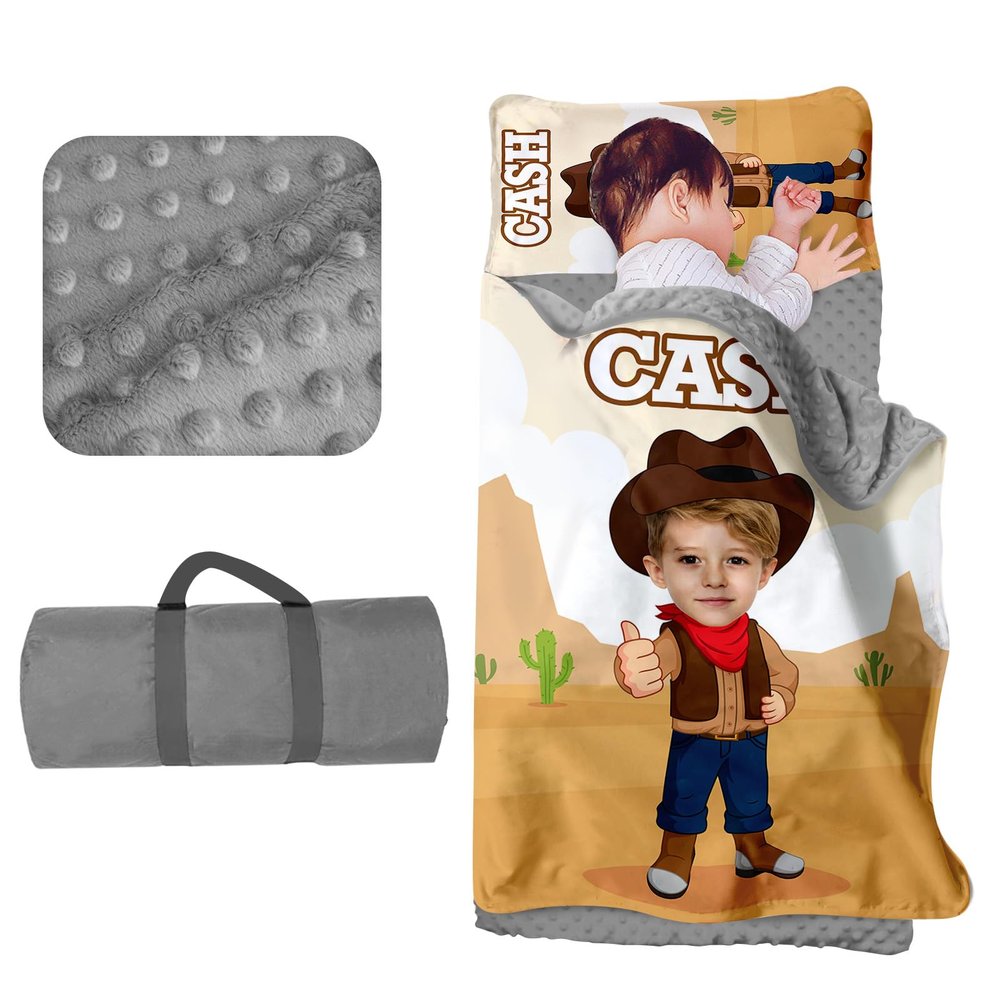 Evulum Custom Toddler Nap Mat for Daycare, Boys Travel Sleeping Bag Kids Nap Mats with Pillow Blanket for Preschool Kindergarten, Personalized Name&Face, Easy Carry Nap Sack Cowboy Brown