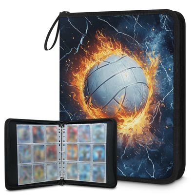 Kuquteed Flame Volleyball Trading Card Binder 4 Pocket 400 Cards Holder Collector Album with 50 Removable Sleeves Gifts for Boys Girls Fire Lightning Ball Game Sports Cards