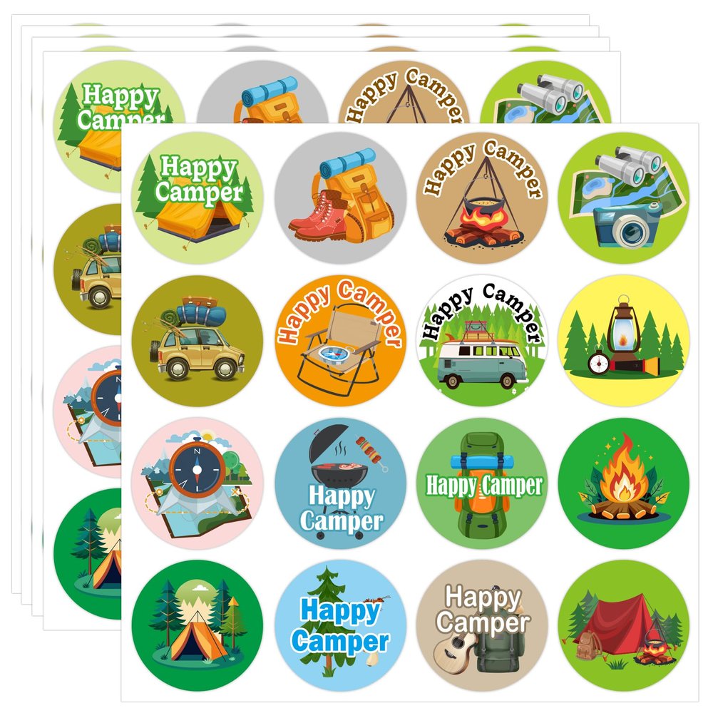 800PCS Travel Camping Stickers Happy Camper Tent Bonfire Guitar Map Camera Travel Bag Car Themed Decals Nature Camping Outdoor Adventure Labels for Birthday Gifts Bag School Activity Reward