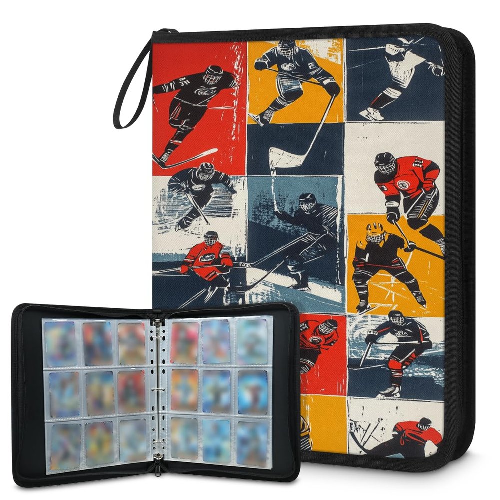 Kuquteed Abstract Hockey Players Trading Card Binder 9 Pocket 900 Cards Holder Collector Album with 50 Removable Sleeves Gifts for Boys Girls Sports Athletes Game Sports Cards
