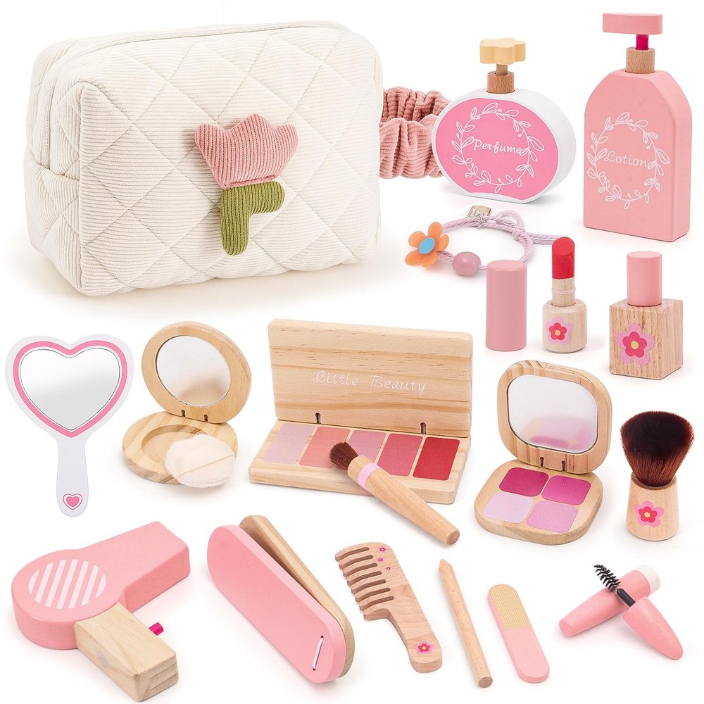 Wooden Makeup Toy Set for Girls Pretend Play Makeup Kit for Toddlers 3-5 with Bag, Birthday Gifts for Girls Toys Kids Aged 3 4 5 6 7 8