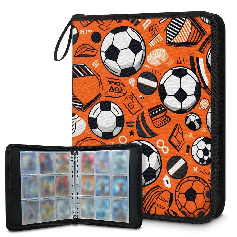 Kuquteed White Black Football Trading Card Binder 4 Pocket 400 Cards Holder Collector Album with 50 Removable Sleeves Gifts for Boys Girls Soccer Orange Game Sports Cards