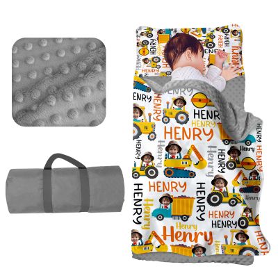 Evulum Custom Toddler Nap Mat for Daycare, Boys Travel Sleeping Bag Kids Nap Mats with Pillow Blanket for Preschool Kindergarten, Personalized Name&Face, Easy Carry Nap Sack Trucker