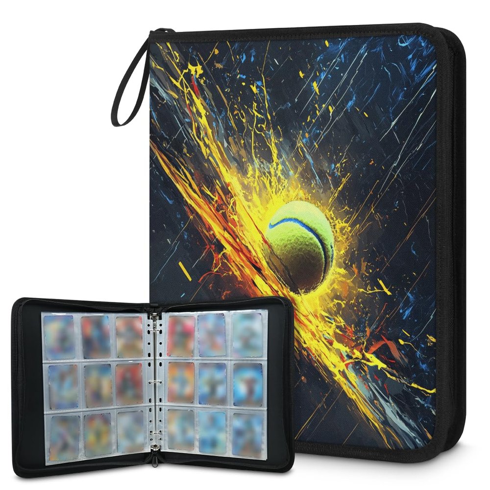 Kuquteed Graffiti Tennis Trading Card Binder 9 Pocket 900 Cards Holder Collector Album with 50 Removable Sleeves Gifts for Boys Girls Watercolor Balls Game Sports Cards