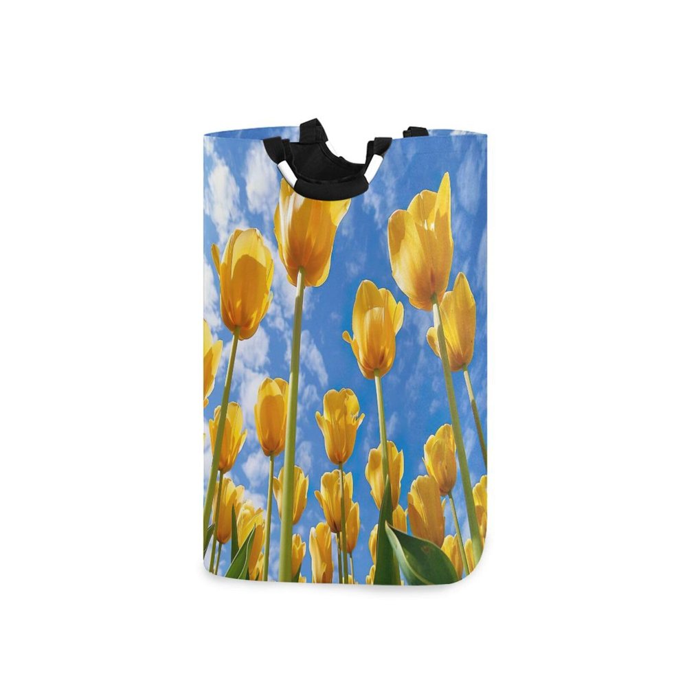 Jihqo Laundry Hamper Basket Yellow Tulips Blue Sky Collapsible Nursery Storage Bin Waterproof Clothing Baskets for Home Bedroom Bathroom Washing Room
