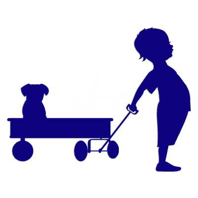 Decorative Decal - Boy Pulling Puppy Wagon 3.75" x 4.75 Dark Blue - Vinyl Sticker