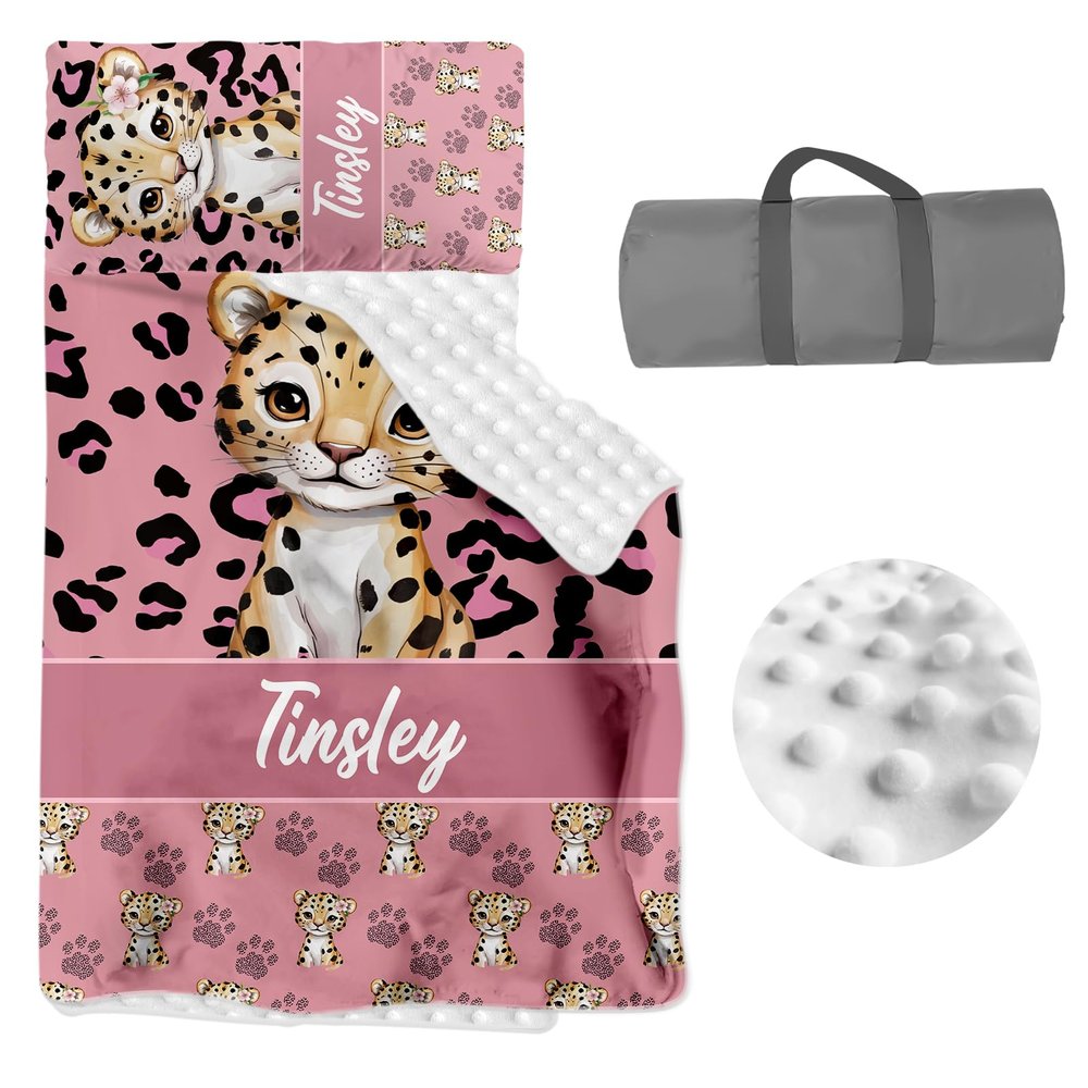 Personalized Toddler Nap Mat, Custom Name Sleeping Bag with Removable Pillow & Blanket, Roll Up Nap Mat for Boys Girls, Preschool Daycare Kindergarten, Pink Leopard Theme