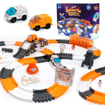 USA Toyz Galactic Race Tracks for Kids- 250pk Speedway Race Car Track Set with 225 Flexible Roads, 2 LED Toy Cars, Tunnels, Gate, Bridge, Intersection, Space Toys, STEM Building Toy for Boys and Girls