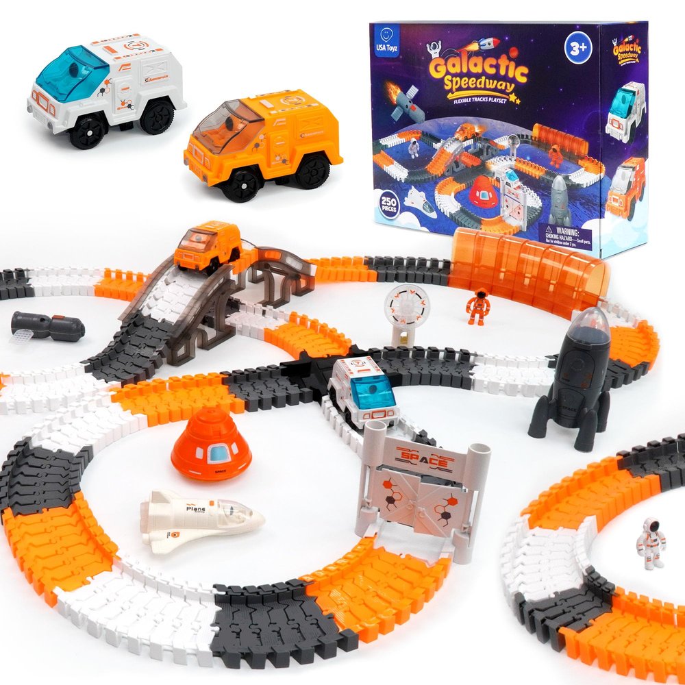 USA Toyz Galactic Race Tracks for Kids- 250pk Speedway Race Car Track Set with 225 Flexible Roads, 2 LED Toy Cars, Tunnels, Gate, Bridge, Intersection, Space Toys, STEM Building Toy for Boys and Girls