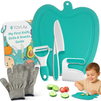Tovla Jr. Toddler Cutting Set  Real Kids Knife & Chopper with Safety Gloves, Peeler & Visual Recipe Book  Montessori Cooking Tools Ages 38, Premium Gift for Kids