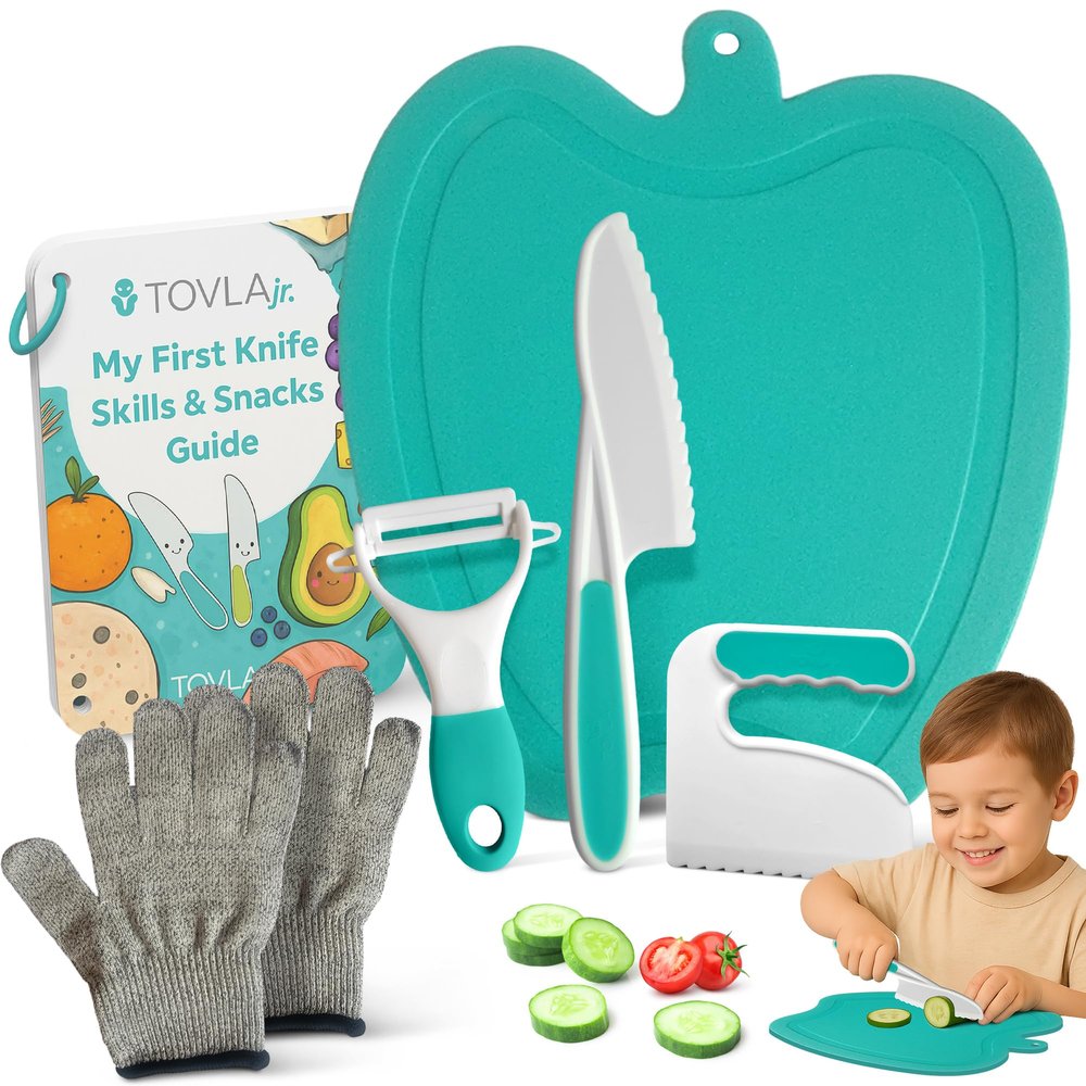 Tovla Jr. Toddler Cutting Set  Real Kids Knife & Chopper with Safety Gloves, Peeler & Visual Recipe Book  Montessori Cooking Tools Ages 38, Premium Gift for Kids