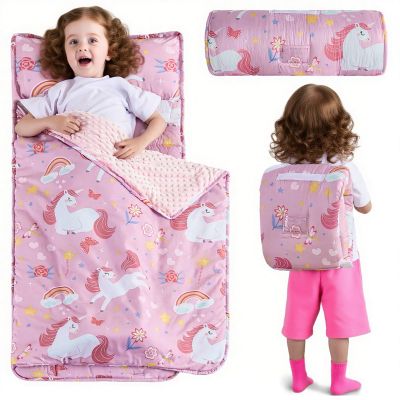 DJY Toddler Nap Mat Pink Unicorn Slumber Bag,Kid Sleeping Mat with Removable Pillow & Minky Blanket,Perfect for Daycare,Preschool,Kindergarten,Travel
