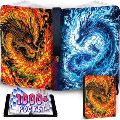1008 Card Binder 9 Pocket Trading Card Binder with 56 Page 3-Ring Removable Sleeves, High Storage Waterproof Card Holder Collection Card Album Carrying Organizer Case for MTG TCG Cards - Double Dragon