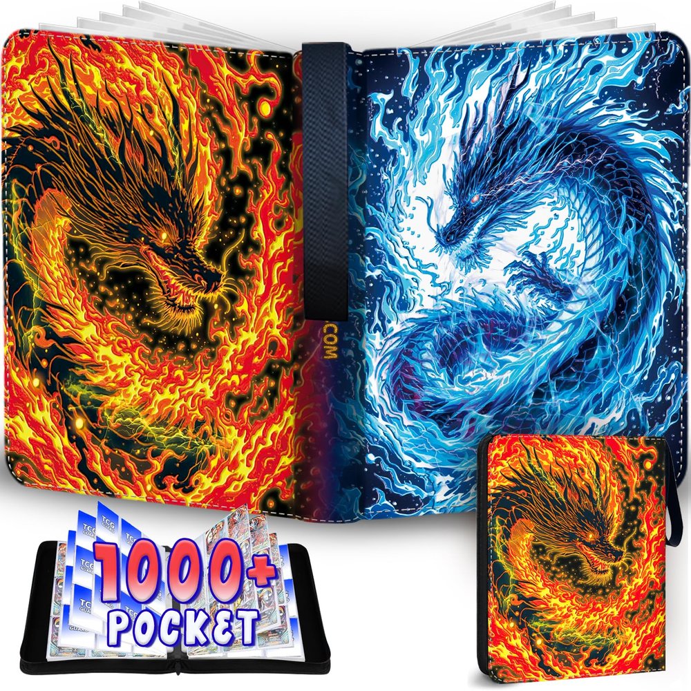 1008 Card Binder 9 Pocket Trading Card Binder with 56 Page 3-Ring Removable Sleeves, High Storage Waterproof Card Holder Collection Card Album Carrying Organizer Case for MTG TCG Cards - Double Dragon