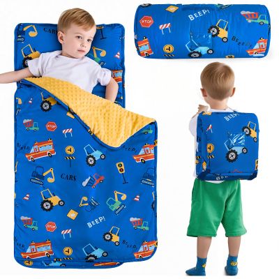 DJY Toddler Nap Mat Blue Car Slumber Bag,Kid Sleeping Mat with Removable Pillow & Minky Blanket,Perfect for Daycare,Preschool,Kindergarten,Travel