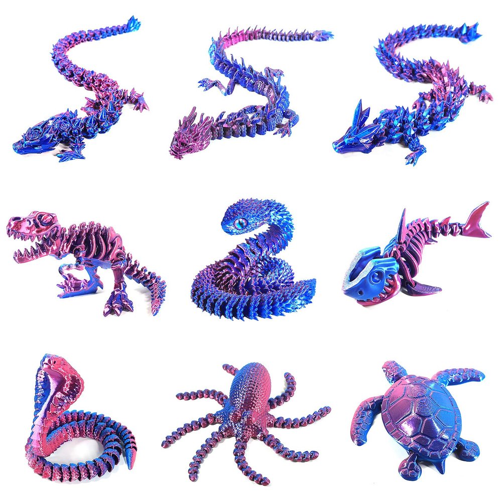 9PCS 3D Printed Dragon 3D Printed Animals Include 3D Printed Snake, Dinosaur, Octopus, Sharks, Turtle, Cobra and 3 Style Dragons, 3D Printed Toys Stuff for Home, Office, Decor Christmas Birthday Gift