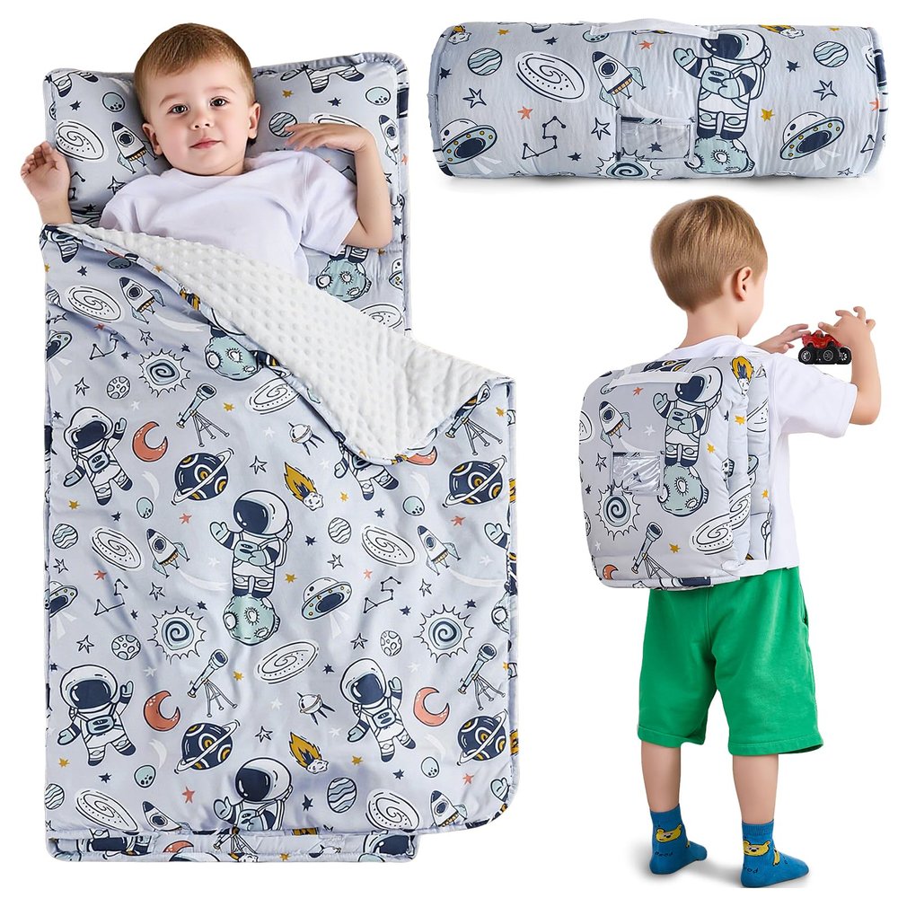 DJY Toddler Nap Mat Space Ship Slumber Bag,Kid Sleeping Mat with Removable Pillow & Minky Blanket,Perfect for Daycare,Preschool,Kindergarten,Travel
