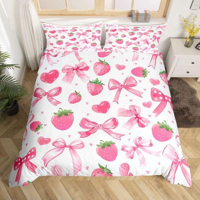 jejeloiu Watercolor Bow Bedding Set Toddler Size Kids Strawberry Comforter Cover for Boys Girls Teens Dreamy Princess Style Duvet Cover Breathable Soft Lightweight Microfiber Room Decor Bedclothes