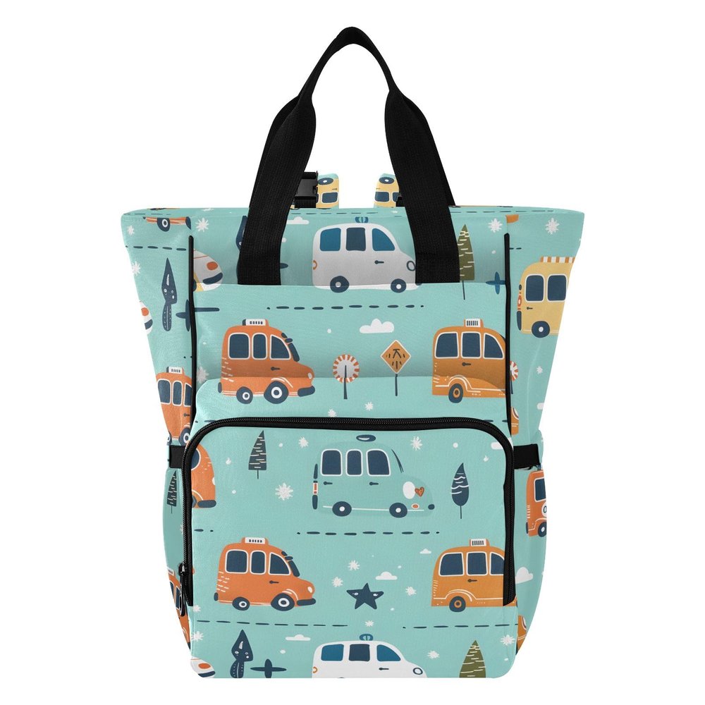 Diaper Bag Backpack Tote Multifunction Baby Nappy Changing Bags Cute Car Bus Large with Stroller Straps Travel