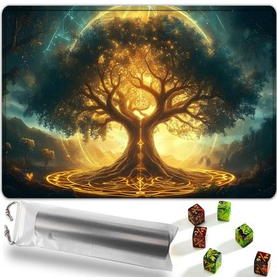 Playmat for MTG, Includes Storage Bag and 6 Dice, for TCG & CCG Trading Card Games Mat with Edge-Locking and Non-Slip, 24 x 14 inches Mousepad Desk Mats, Enchanted Tree of Life Pattern