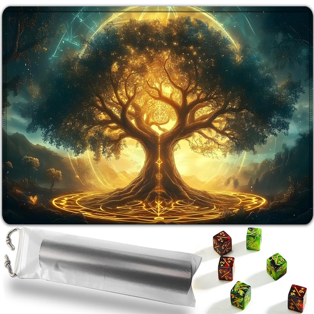 Playmat for MTG, Includes Storage Bag and 6 Dice, for TCG & CCG Trading Card Games Mat with Edge-Locking and Non-Slip, 24 x 14 inches Mousepad Desk Mats, Enchanted Tree of Life Pattern