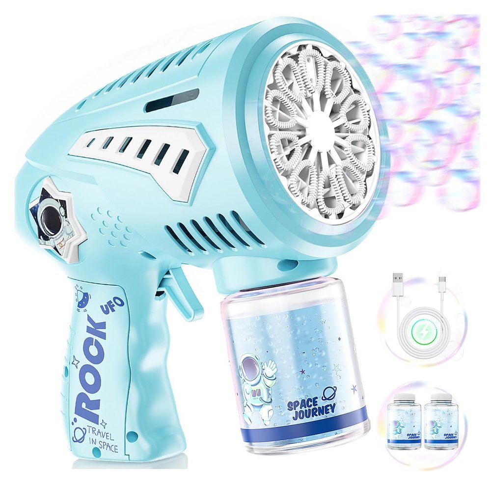 Rechargeable Bubble Gun - Bubble Machine with 10 Larger-Size Wands, LED Light, USB-C - Bubbles Toys for Kids, Toddlers, Gifts Ideas for Age 3-15 Boys Girls, Parties Favors, Birthday, Easter
