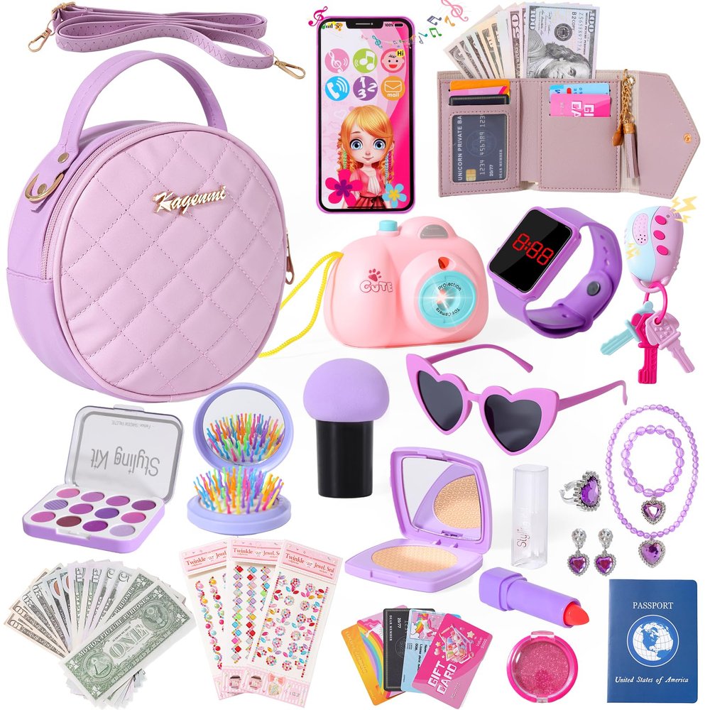 Kagenmi Play Purse for Little Girls, 39Pcs Toddler Purse with Makeup for Girls Age 3 4 5 6+, Pretend Princess Toys Includes Phone, Watch, Camera,Wallet, Kids Toy Purse Christmas Birthday Gift