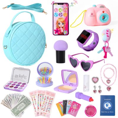 Kagenmi Play Purse for Little Girls, 38Pcs Toddler Purse with Makeup for Girls Age 3 4 5 6+, Pretend Princess Toys Includes Phone, Watch, Camera,Wallet, Kids Toy Purse Christmas Birthday Gift (Blue)