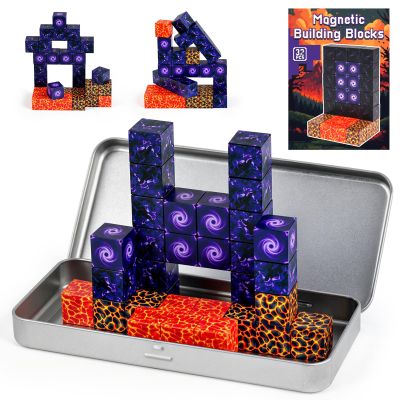 3 otters 32PCS Magnetic Building Blocks Portal Travel Set, STEM Magnet Cubes Construction Toys with Metal Box for Kids, Sensory Gifts for Toddler Boys & Girls Birthday