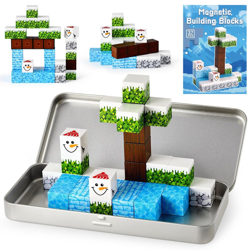 3 otters 32PCS Magnetic Building Blocks Winter Travel Set, STEM Magnet Cubes Toys with Metal Storage Box for Kids, Sensory Christmas Birthday Gifts for Boys & Girls