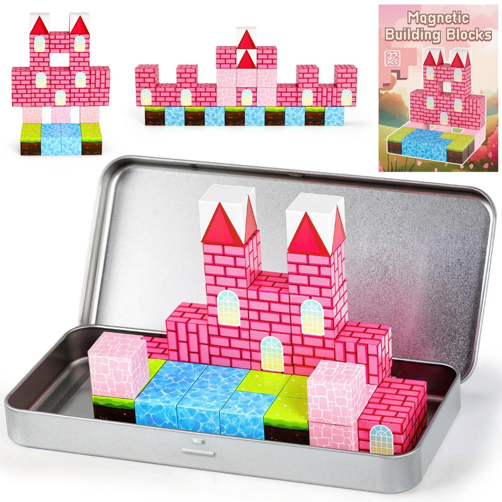 3 otters 32PCS Magnetic Building Blocks Princess Castle Travel Set, STEM Magnet Cubes Toys with Metal Storage Box for Kids, Christmas Birthday Gifts for Toddler Girls