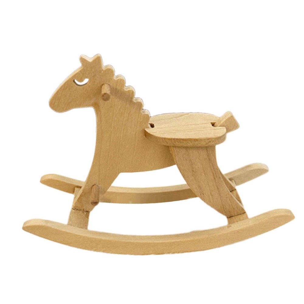 misppro Wooden Rocking Horse Model Miniature Sculpture Desktop Ornament Birthday Gift for Nursery Office Porch Patio