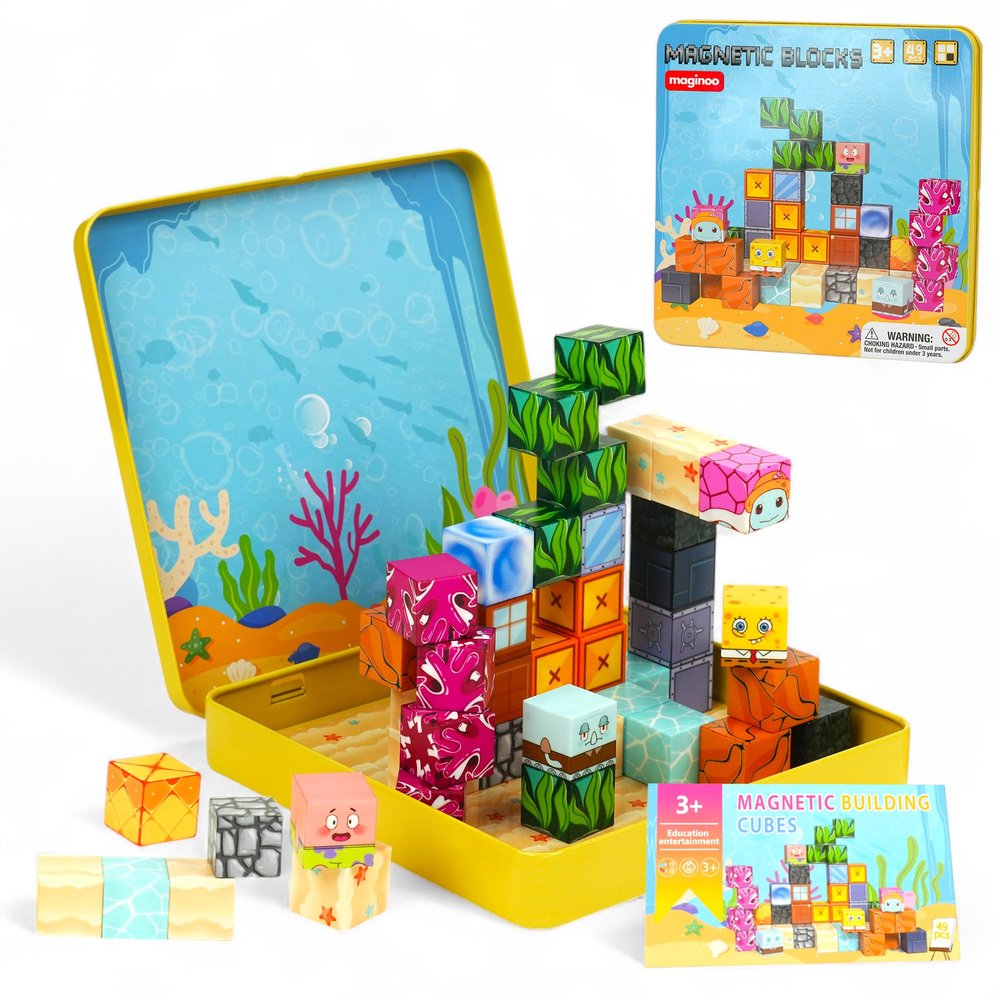 49PCS Mini Magnetic Blocks Ocean Theme  Sea Life STEM Building Cubes, Educational Magnet Toy with Iron Box, Creative & Safe Travel Gift for Kids Ages 38, Boys & Girls