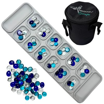 Dragonfly Escape Travel Mancala Game Set  Flexible Silicone Roll-Up Board, 50 Stones & Zippered Canvas Bag  Portable Strategy Game for Adults & Teens (Light Grey)