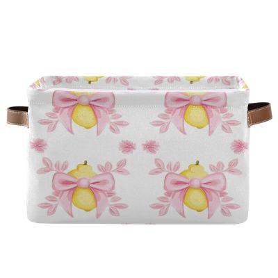 Dussdil Lemon Pink Bows (2) Storage Basket Fabric Kitchen Kids Baskets Bins Boxes Foldable Organizer Bags for Cloth Pet Toys Books Shelf Closet Playroom Laundry Baskets 1PCS