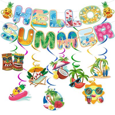31pcs Summer Party Decorations Hawaiian Luau Party Hanging Swirls Hello Summer Banner Summer Tropical Beach Birthday Party Supplies Decorations
