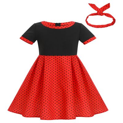 1950s Polka Dot Dress Kids Vintage 50s Outfit for Girls Short Sleeve Audrey Hepburn Rockabilly Cocktail Party Swing Dress 50's Retro Bow Headband Patchwork Prom Church Clothes Red 7-8 Years