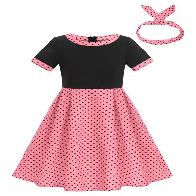 1950s Polka Dot Dress Kids Vintage 50s Outfit for Girls Short Sleeve Audrey Hepburn Rockabilly Cocktail Party Swing Dress 50's Retro Bow Headband Patchwork Prom Church Clothes Pink 4-5 Years