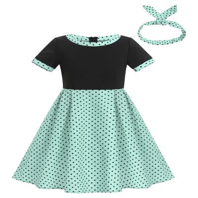1950s Polka Dot Dress Kids Vintage 50s Outfit for Girls Short Sleeve Audrey Hepburn Rockabilly Cocktail Party Swing Dress 50s Retro Bow Headband Patchwork Prom Church Clothes Green 4-5 Years