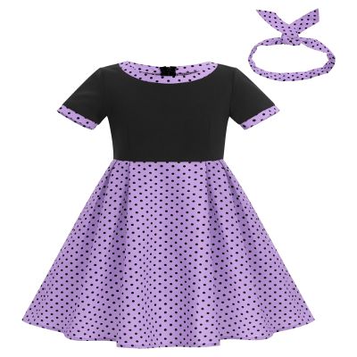 1950s Polka Dot Dress Kids Vintage 50s Outfit for Girls Short Sleeve Audrey Hepburn Rockabilly Cocktail Party Swing Dress Retro Bow Headband Patchwork Prom Church Clothes Purple 4-5 Years