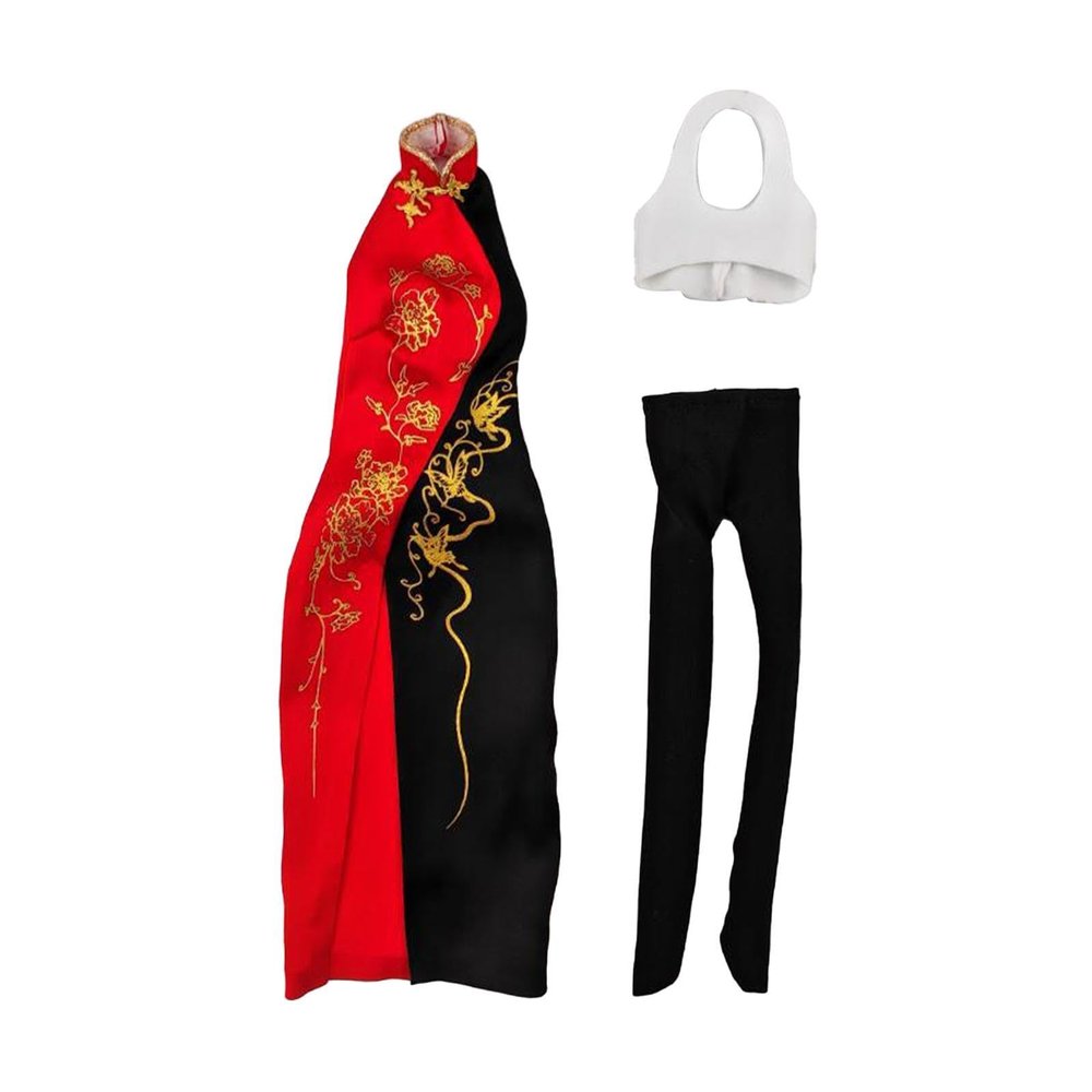 1/6 Scale Female Cheongsam Costume for Collectible Dolls - Traditional Chinese Dress Outfit with Stocking and Vest